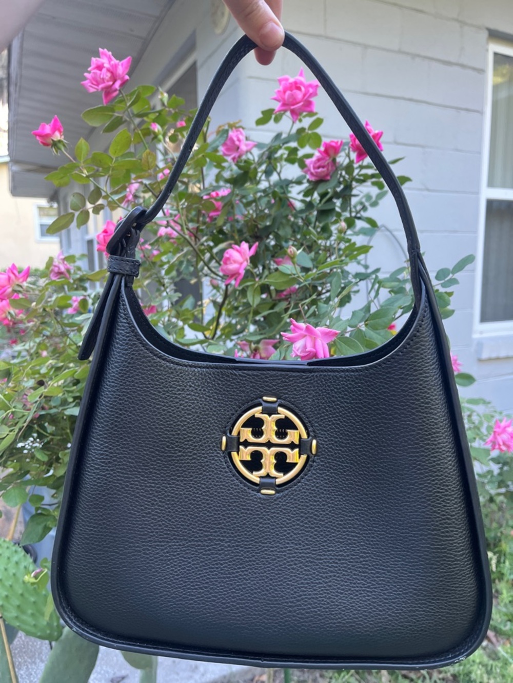 Tory Burch Miller  Black Leather Shoulder Hobo with Gold Logo